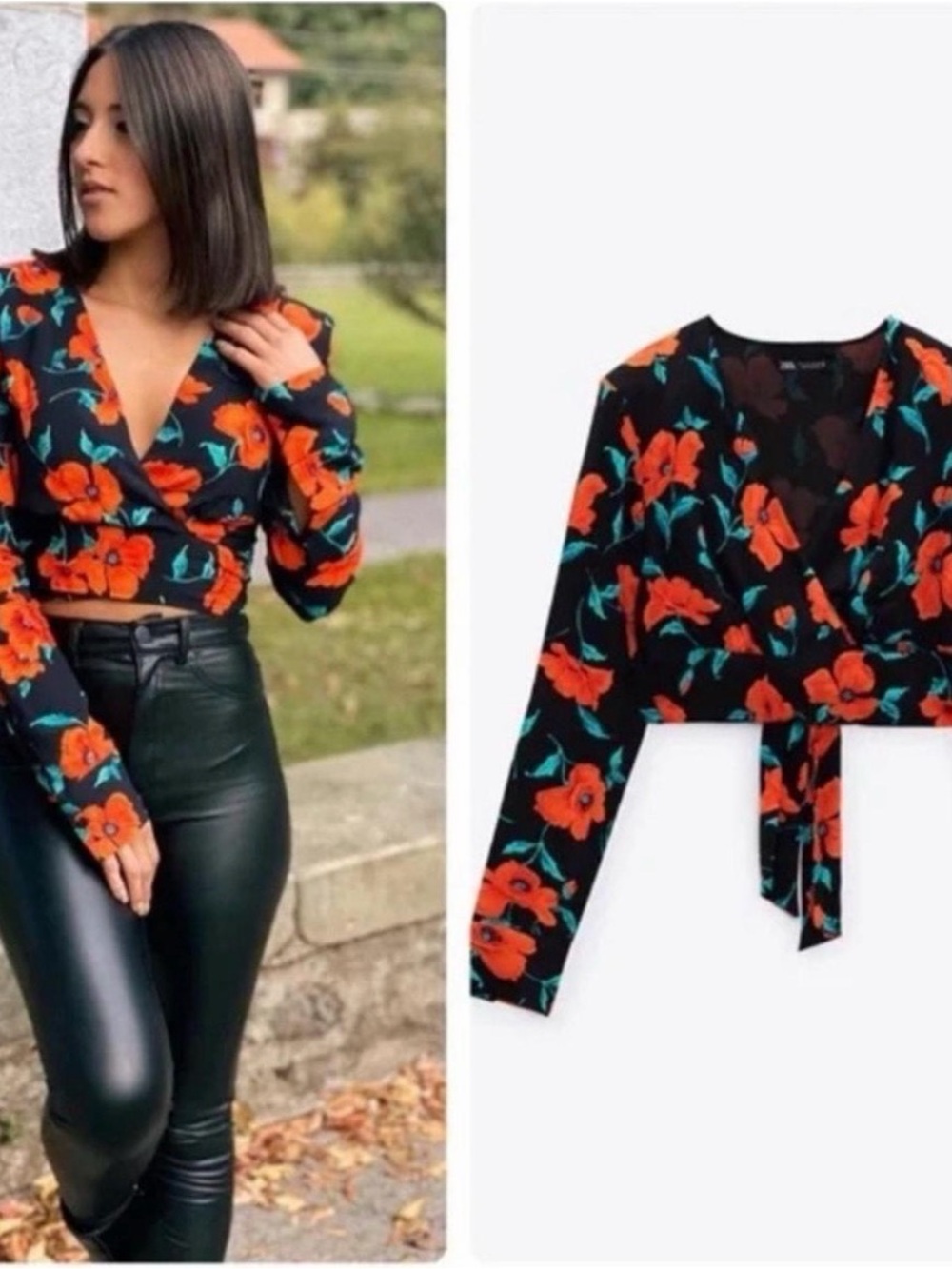 Zara Black Wrap Crop Blouse with Red Floral Print